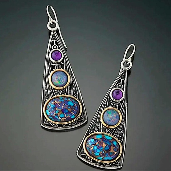 Vintage Handmade Boho Earrings, Silver Geometric - Picture 1 of 6